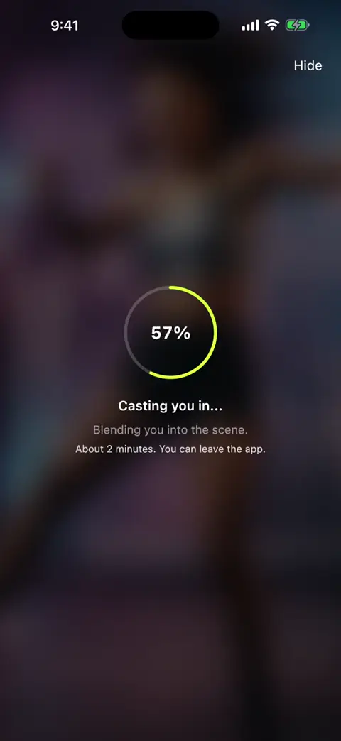 BeMainStar progress screen at 49 percent: 'Casting you in. About 2 minutes. You can leave the app.'