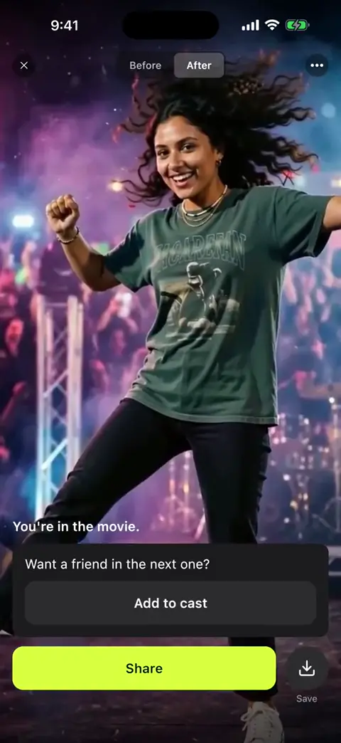 BeMainStar result screen: 'You're in the movie. Want a friend in the next one?' with Add to cast and Share.