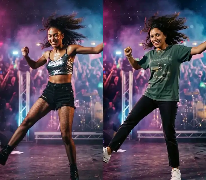 Side by side: the original dancer on a concert stage, and the same frame recast with a different person in the same pose.