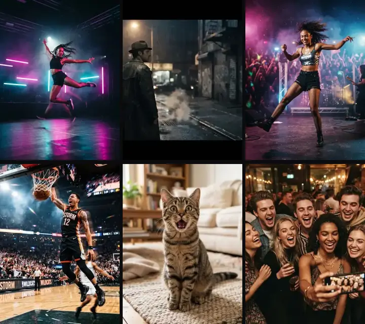 Six kinds of clips you can star in: a dance trend, a movie scene, a music video, a sports edit, a meme and a group-chat bit.