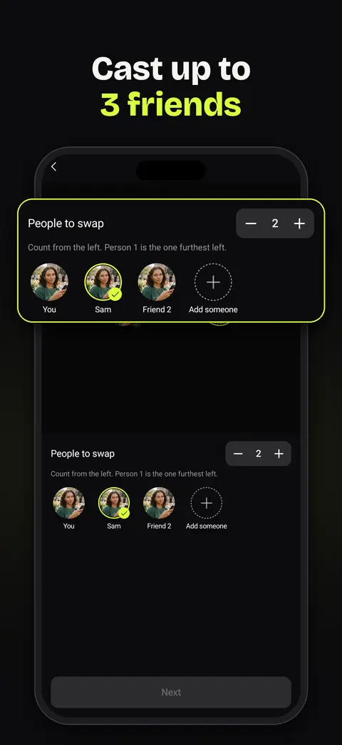 Cast up to 3 friends: choosing who to swap